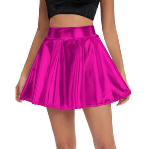 Urban CoCo Women S Skirt Shiny Flared Pleated Mini Skater Wet Look Elastic Waist